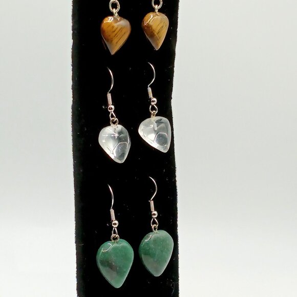 Three Pairs of Rock and Mineral Crystal Heart Dangle Hypoallergenic Earrings - Picture 2 of 5